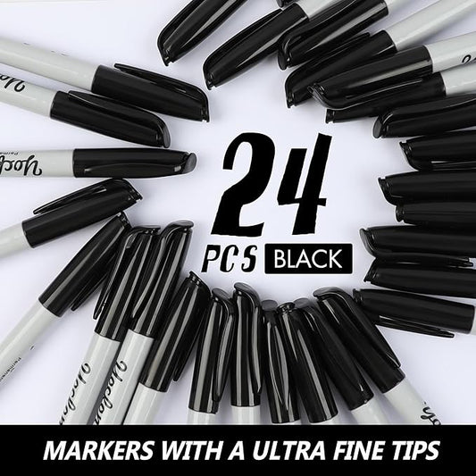 Ultra Fine Point Black Permanent Markers, 24 Pack Ultra Fine Point Black Permanent Marker set, Works on paper, Plastic, Stone, Glass, Metal