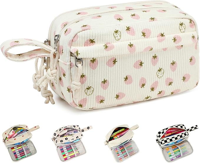 Bluboon Big Capacity Pencil Case Pencil Pouch Pen Case School Supplies Cute Pencil Box Pencil Bag for Teen Girls Boys Women Man (Strawberry Pink white)