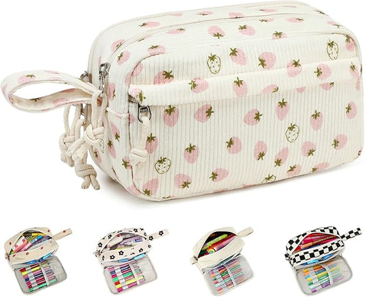 Bluboon Big Capacity Pencil Case Pencil Pouch Pen Case School Supplies Cute Pencil Box Pencil Bag for Teen Girls Boys Women Man (Strawberry Pink white)
