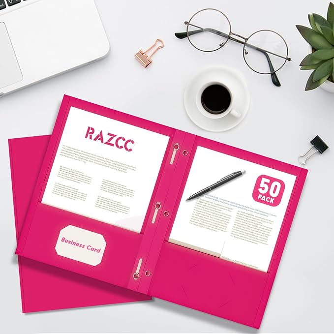 Two Pocket Folders, RAZCC 75 Pack Two Pocket Folders with Prongs, 3 Prong Folders Fit Letter Size Paper, Pocket File Folders for School Office Home Business, Magenta