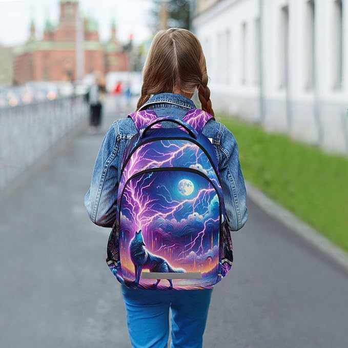 Wolf Howling Moon Lightning Backpack for Boys Girls Elementary School Bag Kids Bookbag Travel Rucksack