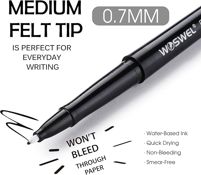 Black Felt Tip Pens - 60 Pack, 0.7mm Medium Point Pens for Journaling, Note Taking, Planner, Writing, Drawing