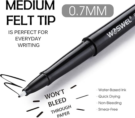Black Felt Tip Pens - 60 Pack, 0.7mm Medium Point Pens for Journaling, Note Taking, Planner, Writing, Drawing