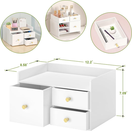 Bamboo Desk Organizer - Stackable, No Assembly Required, Ideal for Office/Home Use - Perfect for Toiletries, Stationery, Accessories. (White, Square drawer to the left of the fence)