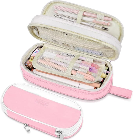 Sooez Large Pencil Case, Expandable Pencil Bag with 5 Compartments, Big Capacity Canvas Pencil Pouch Organizer with Zipper, Portable Stationery Pen Bag, Cute Aesthetic School Supplies For Teen Girls