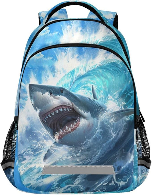 Shark Blue Ocean Wave Backpack for Boys Girls Elementary School Bag Kids Bookbag Travel Rucksack