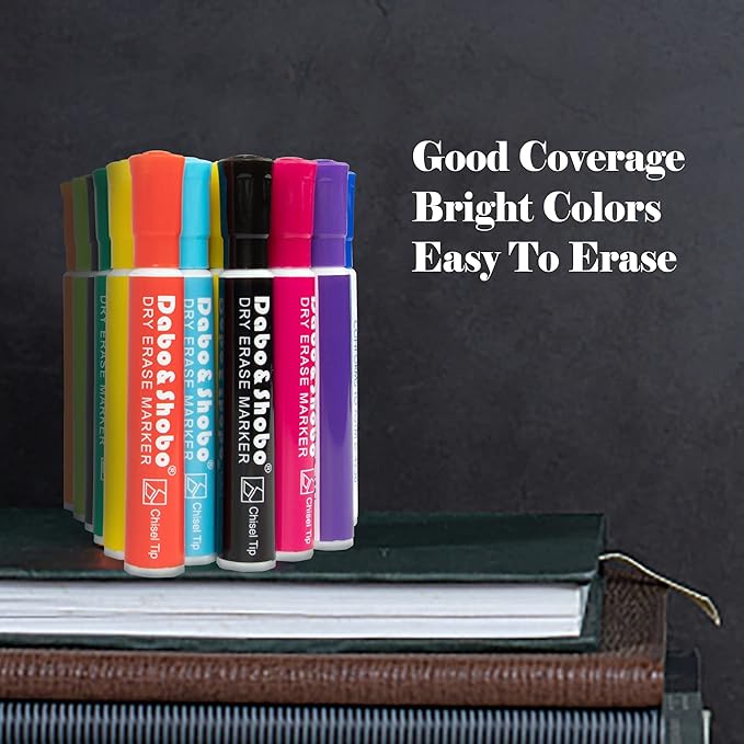 Dabo&Shobo Dry Erase Markers 24 Pack, 10 Assorted Colors With Low Odor Ink, Chisel Tip, Whiteboard Markers For Back To School, Office, Home