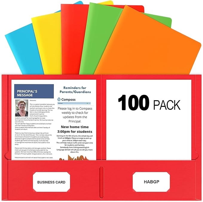 HABGP Two Pocket Folders, 100 Pack 2 Pocket Folders Fit Letter Size Paper, Colored Paper File Folders with Pockets for School Office Home Business (5 Colors)