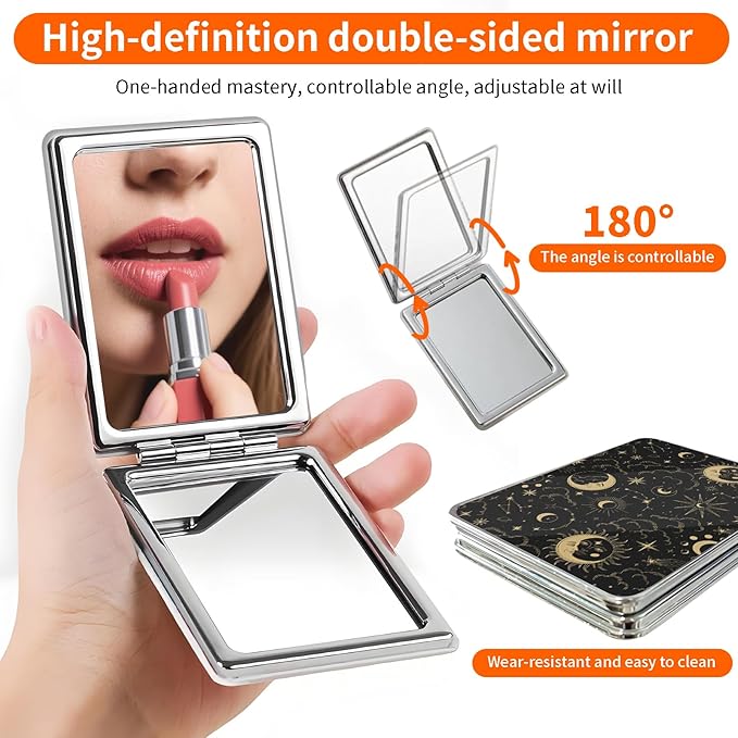 Compact Pocket Mirror, Cute Travel Mini Mirror with Magnification, Foldable Double-Sided Portable Cosmetic Mirror for Men, Women Sun and Moon