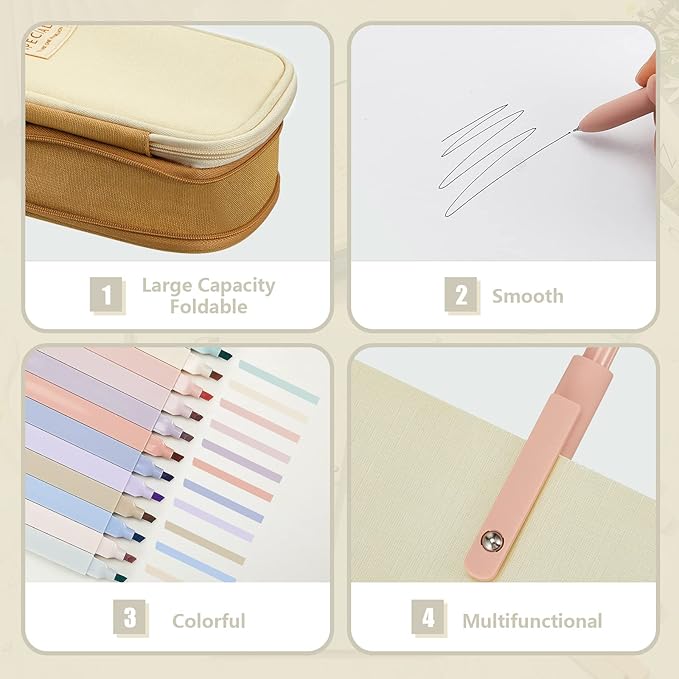 Henoyso 18 Set Aesthetic Bible Study Supplies Include Big Capacity Pen Bag with Zipper 12 Pcs Chisel Tip Bible Highlighters 5 Pcs Quick Dry Retractable Black Ink Pens for Office(Light Khaki)