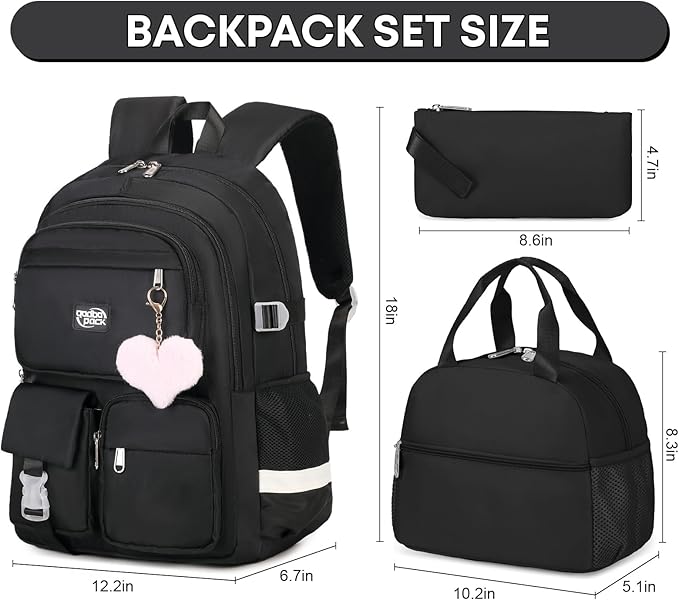 3PCS School Backpack For Student Women College Middle High Teen Girls Bookbag Waterproof Laptop Bag Black