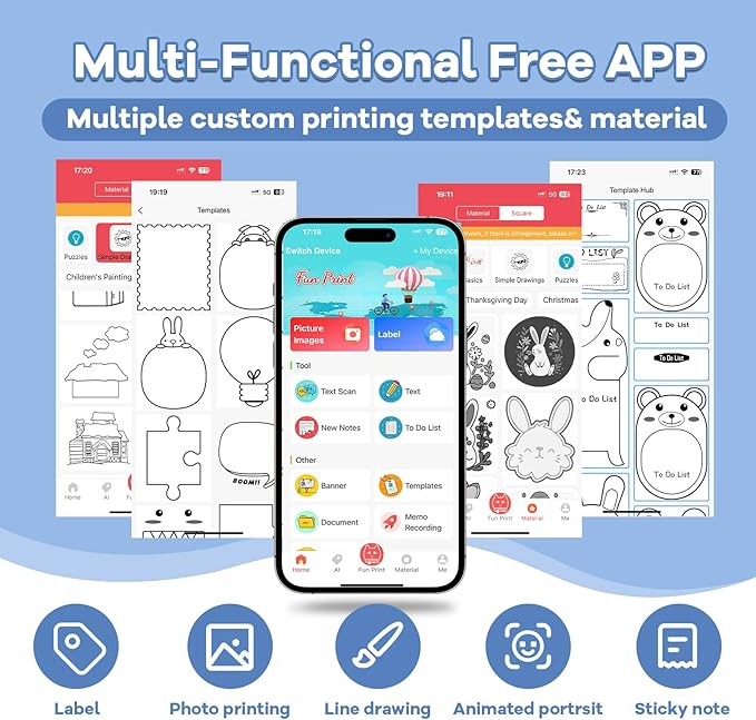 Portable Mini Thermal Printer, Pocket Sticker Maker for Kids Cute Bluetooth Phone Printer with 2 Rolls Paper for Study Graphics, Notes, Fun, DIY, Compatible with Phone or Tablet