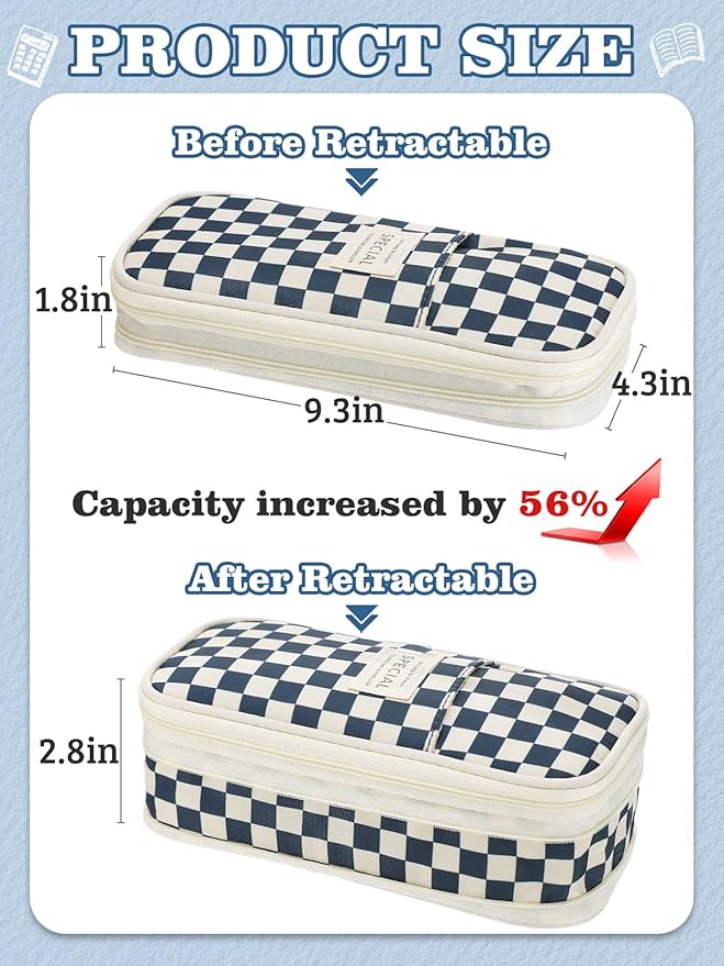 Large Capacity Pencil Case for Teens Girls - Cute Checkerboard Pencil Pouch with Zipper, Stationery Bag Box for Student Back to School Gifts, Blue