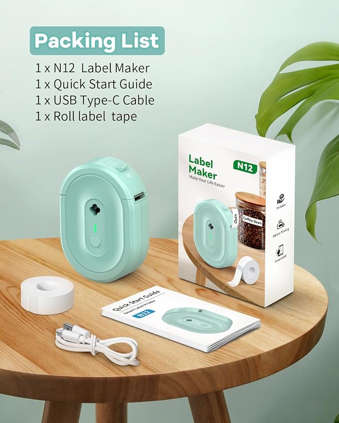 Label Maker Machine with Tape, N12 Portable Bluetooth Label Printer, Wireless Mini Label Makers Thermal Sticker with Multiple Templates for Home, Kitchen, School, Office Organization, Green