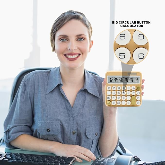 Beige Standard 12 Digit Calculator with Large LCD Display and Big Buttons - Cute Office, School, Home, Business Accessory