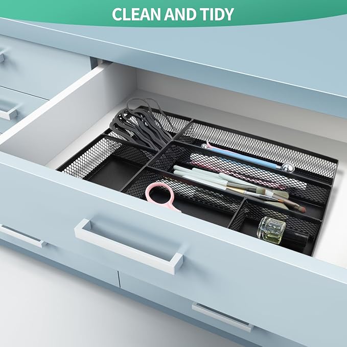 Small Metal Mesh Desk Drawer Organizer Tray for Paper, Office, Bathroom, Kitchen, Makeup & Vanity - Versatile Drawer Organizer