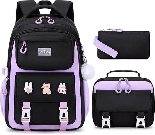 3PCS Girls Backpack for School, Kids Backpack for Girls with Lunch Box Pencil Case Set for Teen Girl Elementary Primary Middle High College School Bookbag with Cute Pins (Black-Purple)