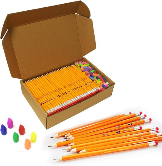 S & E TEACHER'S EDITION 432Pcs Pencils & Erasers Tops Set, 288 Pcs Pre-sharpened pencils No. 2, with 144Pcs Eraser Caps, #2 HB pencil sharpened, Back to school, 432Pcs/box.