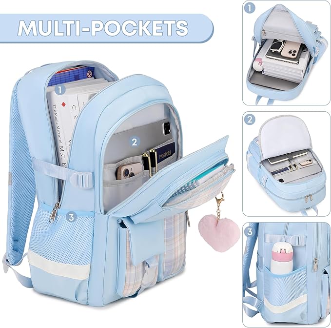 3PCS Backpack For School Women College Middle High Teen Girls Student Bookbag Waterproof Laptop Bag Plaid Blue