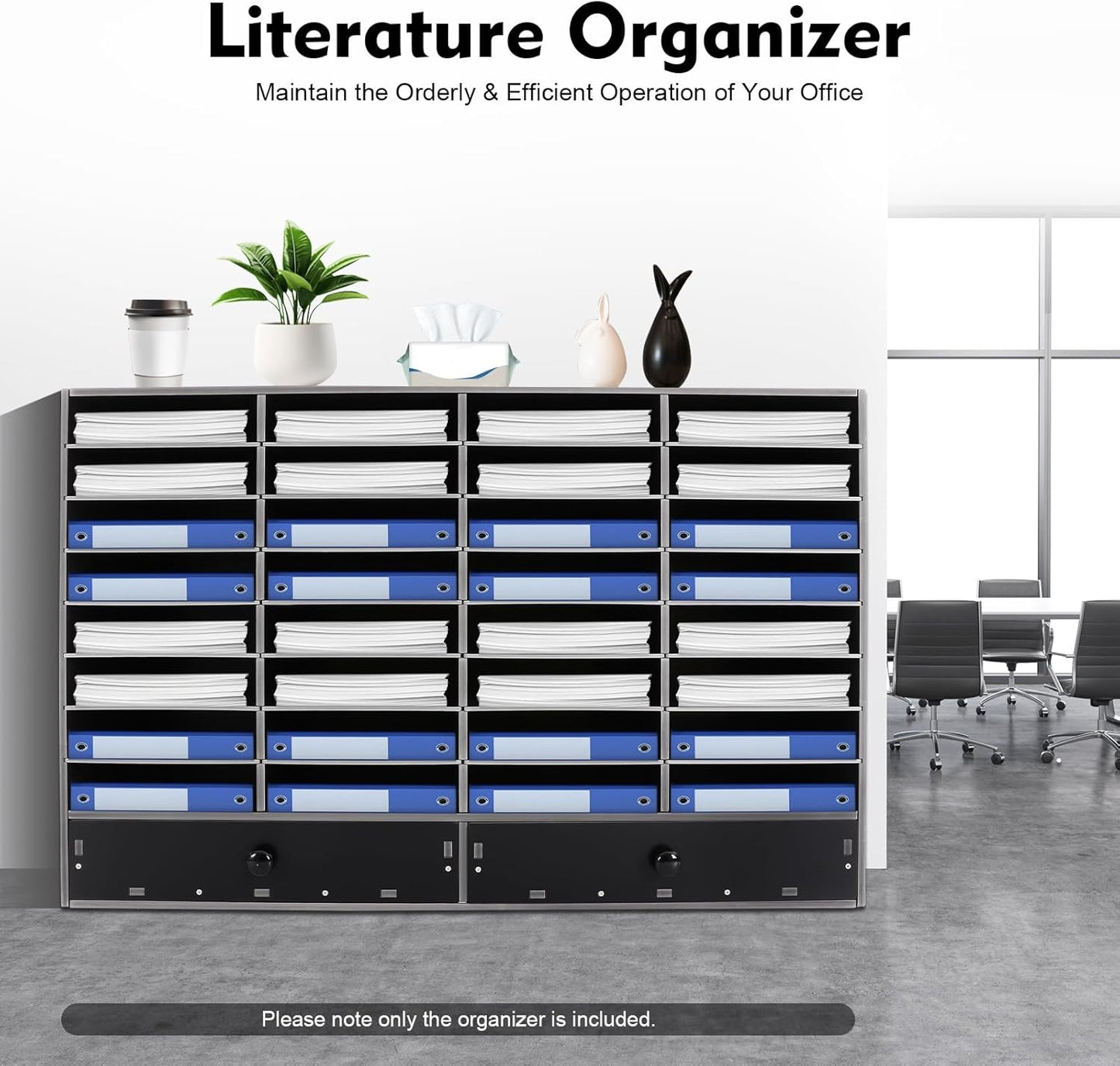 Adjustable Literature Organizer, 32 Slots File Folder Organizer Storage Rack Desktop Letter Office Cabinet 32 Compartment with 2 Drawers Paper Storage Cabinet for Classroom (32+2-Slot-Black)