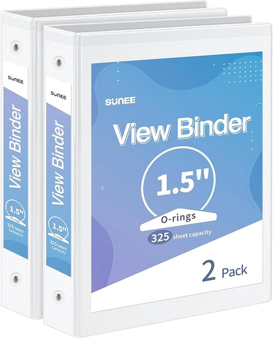 SUNEE 3 Ring Binder 1.5 Inch 2 Pack, Clear View Three Ring PVC-Free (Fit 8.5x11 Inches) for School or Office Supplies, White