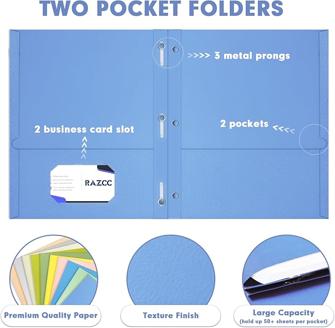 Two Pocket Folders, RAZCC 100 Pack Two Pocket Folders with Prongs, 3 Prong Folders Fit Letter Size Paper, Pocket Paper File Folders for School Office Home Business, Assorted 10 Colors
