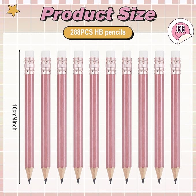 Chivao 288 Pieces Golf Mini Pencils Bulk with Eraser #2 HB Golf Short Pre Sharpened Pencils for Party Favors Office Supplies 4 Inch (Rose Gold)