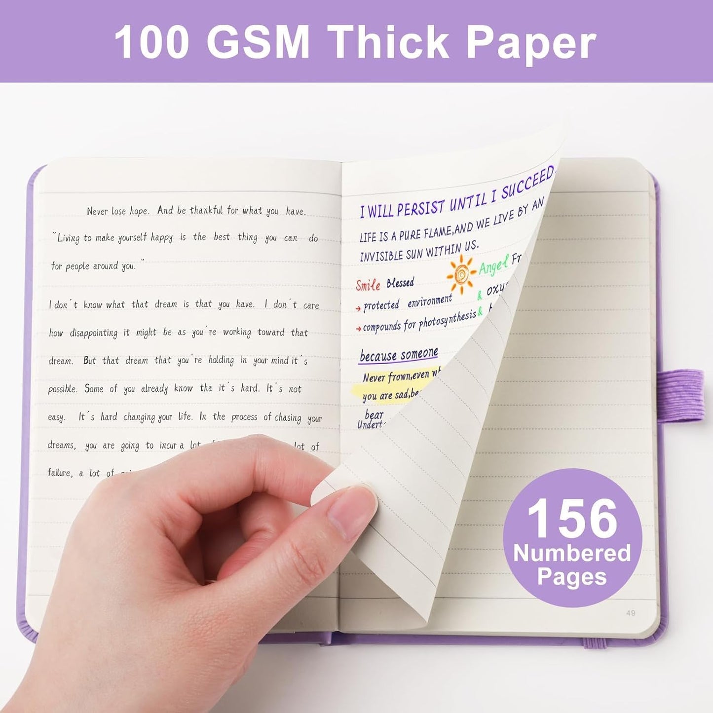 EMSHOI A6 Pocket Notebook for Women Men - 3.7x5.7 Mini Lined Journal, 100GSM Thick 160 Numbered Pages Memo Notepad, Leather Hardcover Small Notebook for Work School Travel Writing - Light Purple