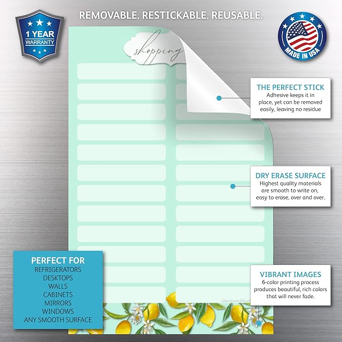 Dry Erase Shopping List Vinyl Sticker Decal Whiteboard by Glassboard Studio | Removable & Reusable | Magnetic Fine-Tip Marker Included (6 x 9 inches, Vintage Lemon)