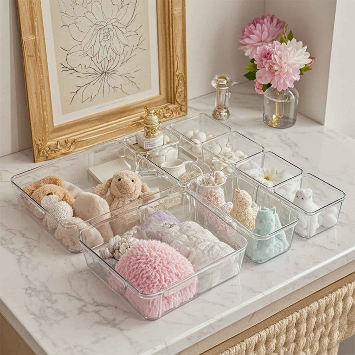 25 PCS Adjustable Desk Drawer Organizer, Acrylic Clear Drawer Organizers, 3 Size Desk Drawer Organizer for Cosmetics, Jewellery, Office, Gadgets, Kitchenware