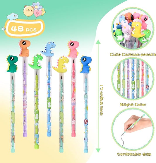 48 Pieces Cute Dinosaur Stackable Pencils Cartoon Dinosaur Party Favors Translucent Multi Point Push Fun Pencils.