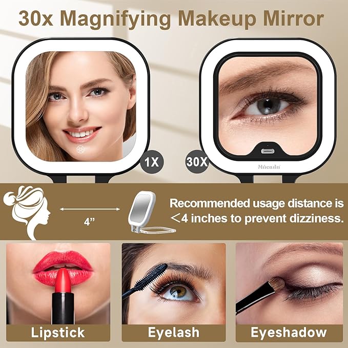 Mocado Compact Travel Makeup Mirror, 1X/30X Magnifying Mirror with Light, Double Sides Compact Mirror with 3 Color Light, Dimmable Handheld Mirror, Rechargeable Travel for Purse,Pocket(Black)