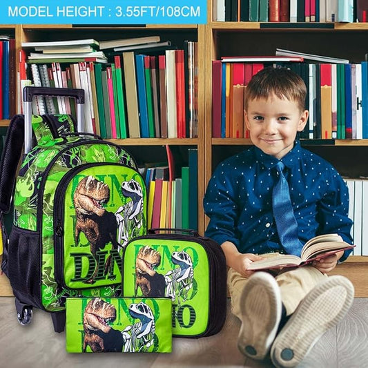 CCJPX 3PCS Dinosaur Kids Rolling Backpack Boys, School Bookbag with Wheels, Travel Roller Wheeled Backpacks for Toddler Elementary-Green