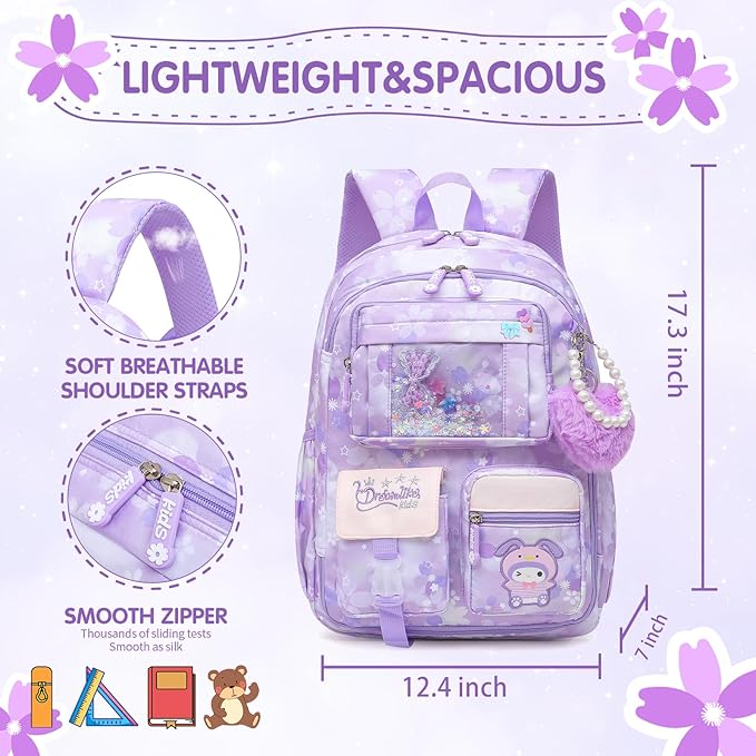 Lovely Girls Backpack School Bag for Students Kids Book Bag with Multiple Pockets Splash-proof Children's Backpack（17inch Purple）