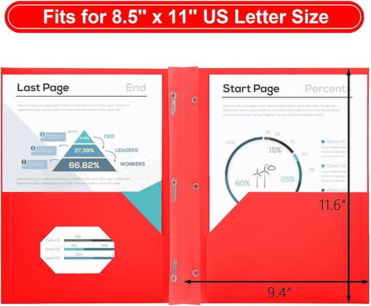SUIN Plastic Project-Folders with 2 Pockets & 3 Prong, Bulk Pack Project File-Folder for US Letter Size Papers, Ideal for School & Office, Assorted Pastel Colors (Red)