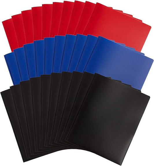 Blue Summit Supplies 30 Pack Plastic Two Pocket Plastic Folders with Prongs Bulk, Assorted Dark Color Poly Folders with Pockets and Prongs Bulk, Blue, Red, and Black, 3 Prong, Letter Size