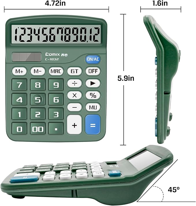 Comix Desktop Calculator 12 Digit with Large LCD Display and Big Button, 2-Pack, 12 Digits Baisc Calculator, Solar Battery Dual Powered, for Office Home School Green