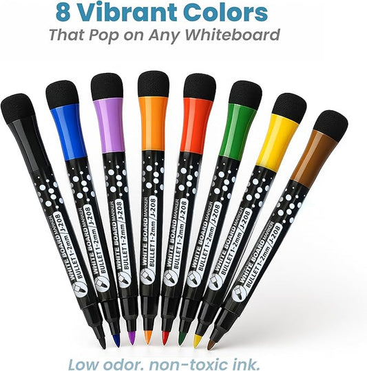 Magnetic Dry Erase Markers – 8 Color Set with 1mm Bold Tip & Built-In Erasers – Whiteboard Markers for Calendar, To-Do List, School, Office, Classroom, Home