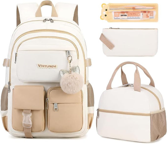 3PCS School Backpack For Student Women College Middle High Teen Girls Bookbag Waterproof Laptop Bag Beige Khaki