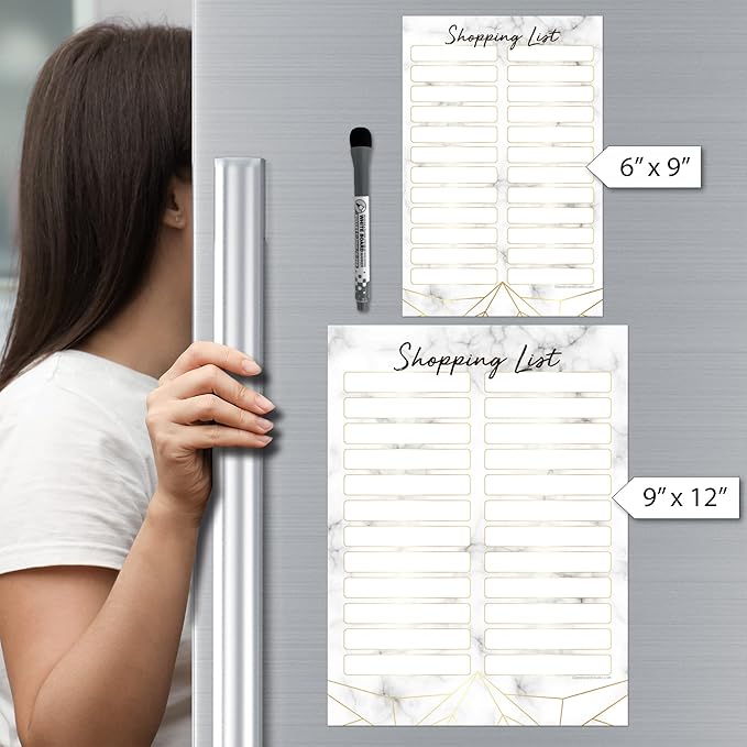 Dry Erase Shopping List Vinyl Sticker Decal Whiteboard by Glassboard Studio | Removable & Reusable | Magnetic Fine-Tip Marker Included (9 x 12 inches, Marble)