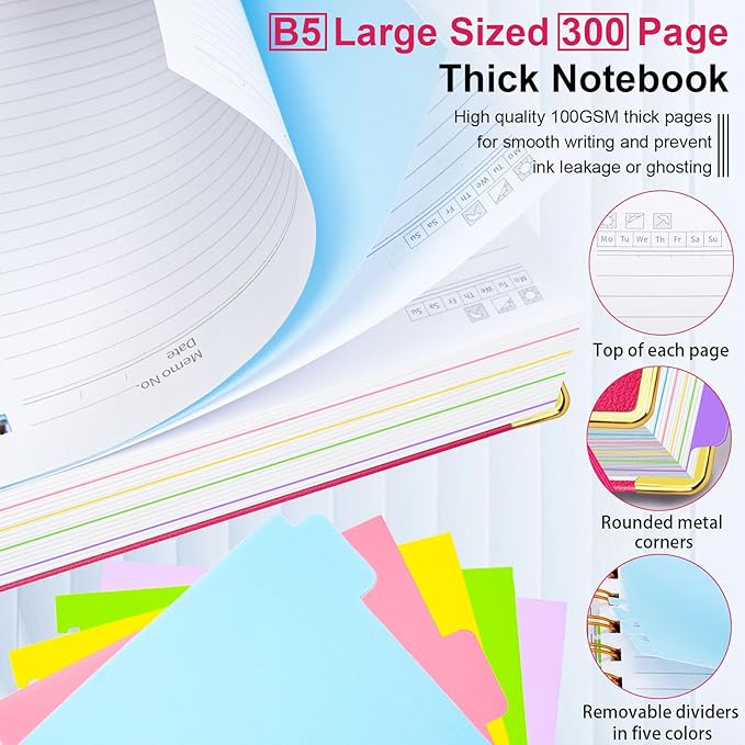 Hardcover Spiral Notebook 8"x10" Journal Notebook with Tabs and Removable Dividers 300 Pages 5 Subject Notebook College Ruled, Faux Leather Spiral Bound Notebook for Women, Students, School Work (Rose Red)