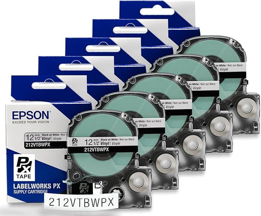Epson LABELWORKS 212VTBWPX-5PK Genuine Tape Cartridge - 5 Pack Black on White Flexible and Durable Vinyl Industrial Label Maker Tape - 1/2" (12MM) Wide, 22.9 ft - 5 Cartridges