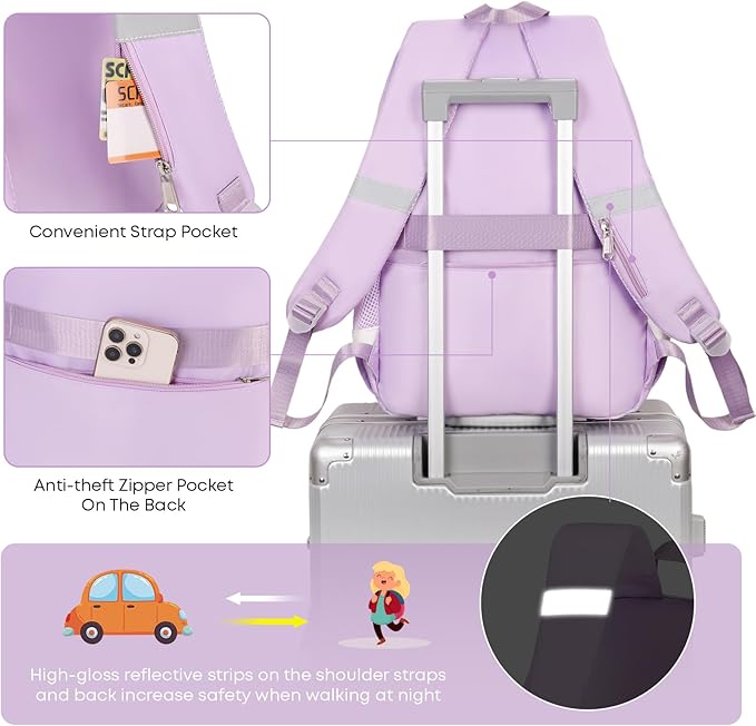 3PCS School Backpack For Student Women College Middle High Teen Girls Bookbag Waterproof Laptop Bag Plaid Purple