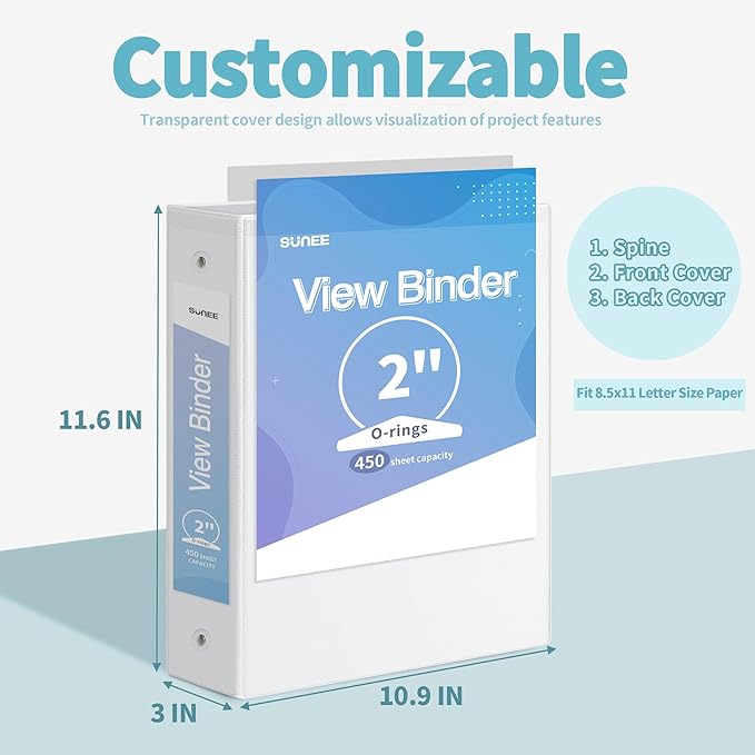 SUNEE 3 Ring Binder 2 Inch 8 Pack, Clear View Binder Three Ring PVC-Free (Fit 8.5x11 Inches) for School or Office Supplies, White