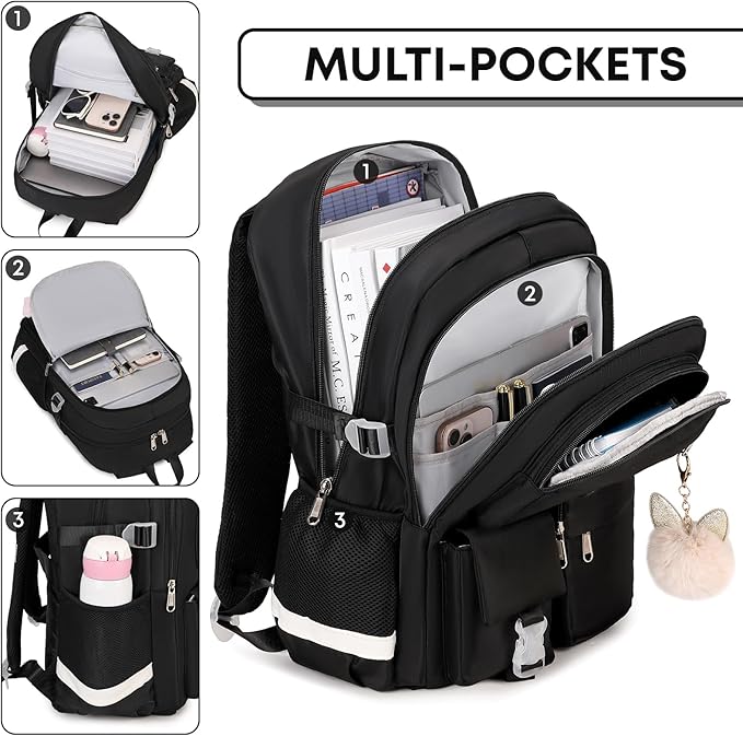 3PCS School Backpack For Student Women College Middle High Teen Girls Bookbag Waterproof Laptop Bag Black