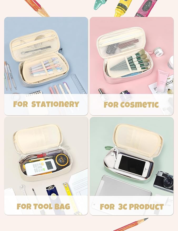 SUNEE Cute Pencil Case, Aesthetic Pen Pouch, Colored Large Pencil Bag with Zipper, Kawaii Stationery Storage and Organizer, School Supplies for Teen and Adult Girls, Beige