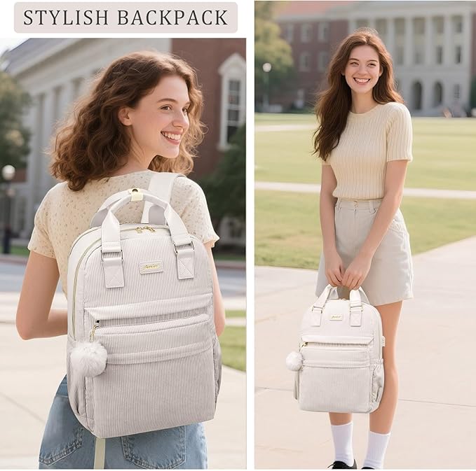 School Backpack for Girls Laptop Bookbag: Casual Corduroy Women Backpacks with USB Charging Port TSA Friendly Travel Back Pack with Anti-Theft Pockets Cute College Daypack for Teen Students Lady Beige