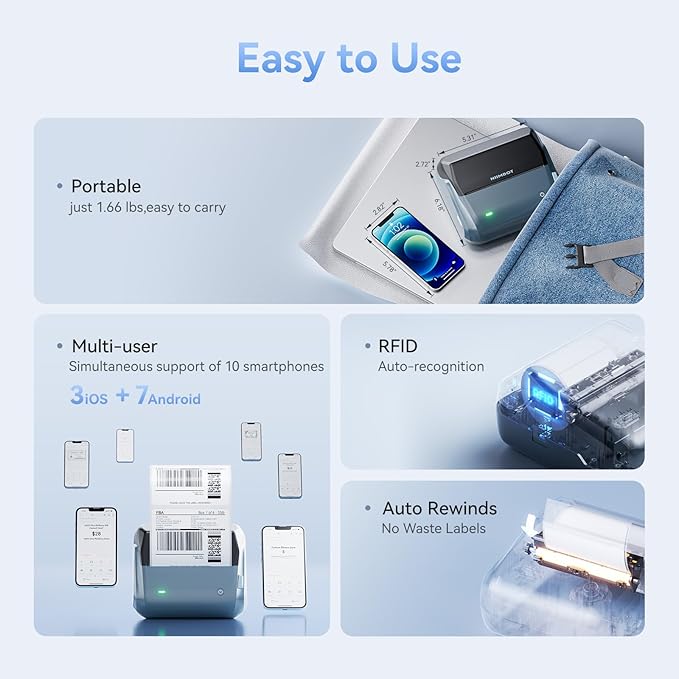 NIIMBOT 4 Inch Thermal Label Printer, B4 Bluetooth Label Printer for Shipping Packages, Small Business, Home, Office, Portable Sticker Maker with 1 Roll 2'' x1.18'' Label-230pcs/roll