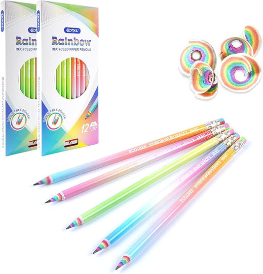 ECOTREE Pre-sharpened Pencils #2 Eco Rainbow Paper Pencil Cute Pencils for Kids Number 2 Pencil with Erasers for School, Writing, 24 Count