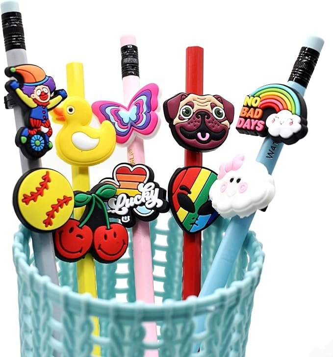 YEALQU 500PCS Random Different Pencil Topper Decoations Cute PVC Pencil Toppes Lovely Black Clip for Pupil/Junior Students Gifts Awards